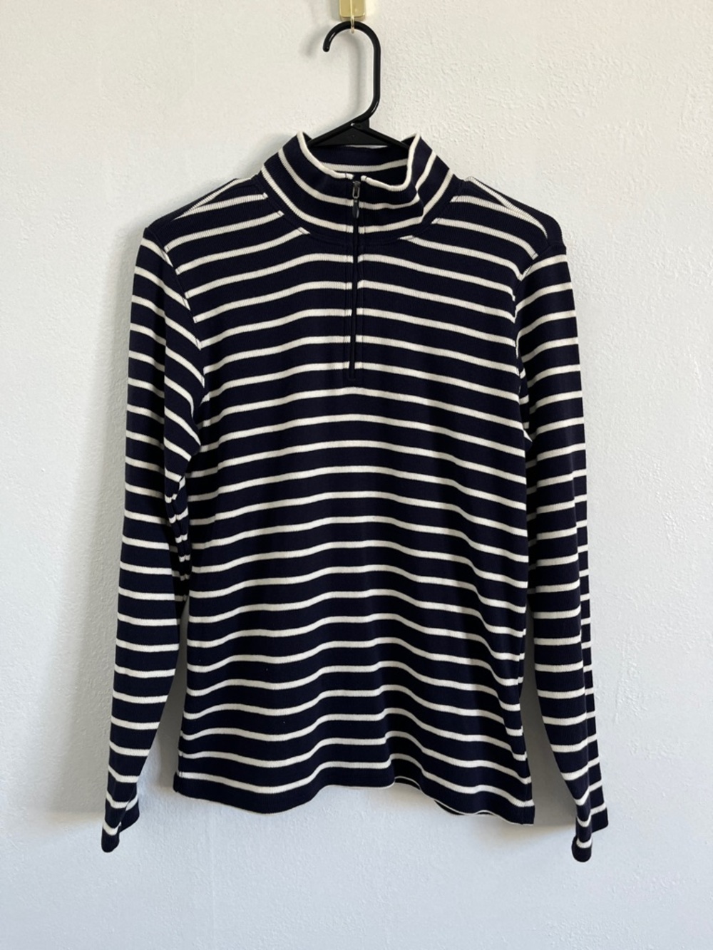 LL Bean Navy and White Stripe Half-Zip Sweater Size Medium